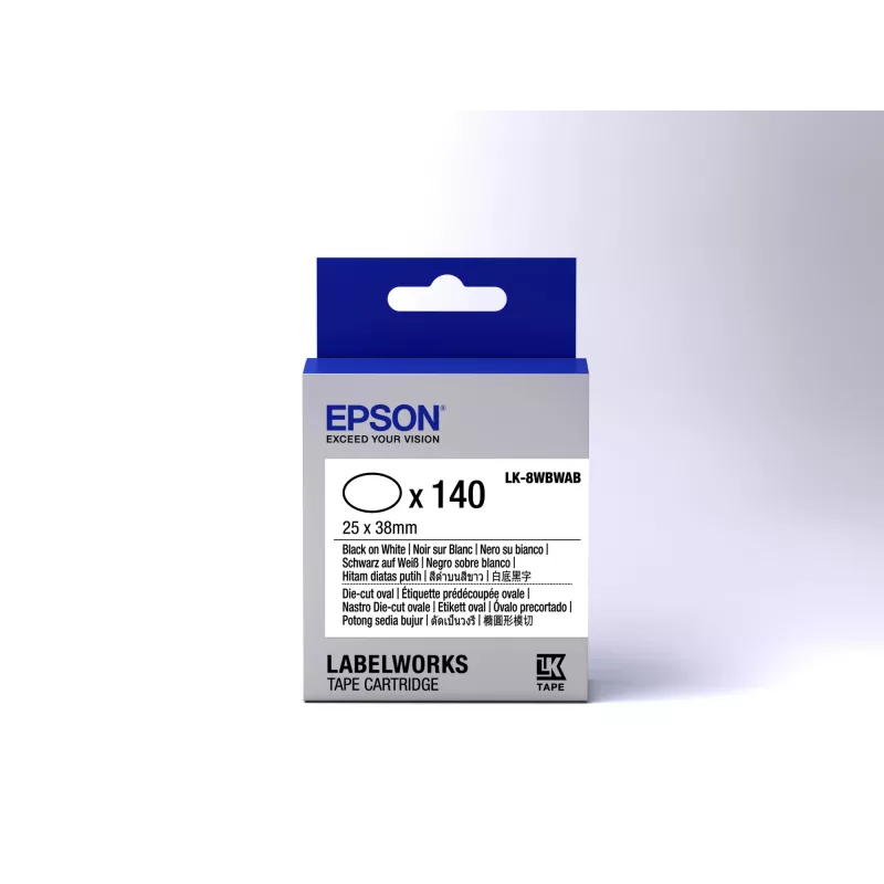 Cassete de etiquetas Epson perfurada oval LK-8WBWAB preto/branco 25x38mm (140 etiquetas)