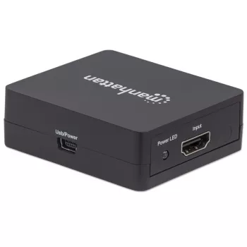 Splitter HDMI Manhattan 2 vias, 1080p, preto, distribui o sinal de uma fonte HDMI para dois ecrãs HD (mesmo sinal em ambos os ecrãs), alimentação USB-A (cabo incluído, 0,7 m), três anos de garantia