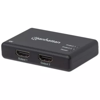 Splitter HDMI Manhattan 2 portas, 4K@30Hz, distribui a saída de uma fonte HDMI para dois ecrãs HD (mesma imagem em ambos), alimentação elétrica (cabo 0,9 m), preto, três anos de garantia