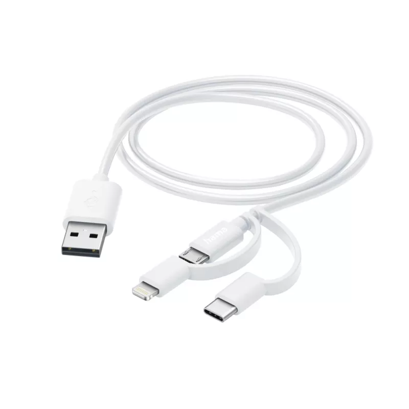 Cabo de carregamento múltiplo 3-em-1 Hama, USB-A – Micro-USB, USB-C e Lightning, 1,0 m, branco