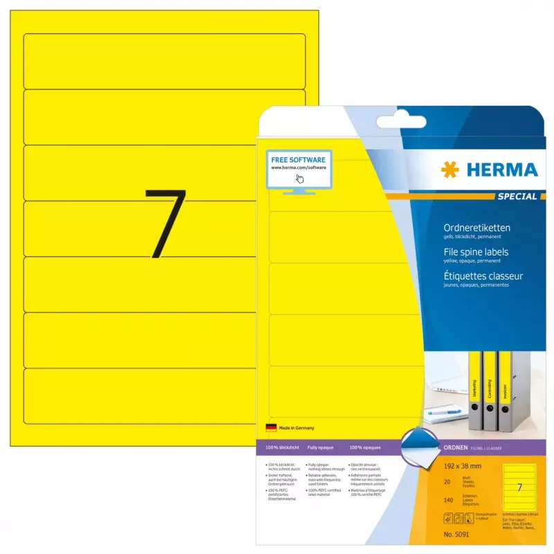HERMA 5091 Etiquetas para dossiers A4 192 x 38 mm, amarelo, 175 unid. (25 folhas x 7)