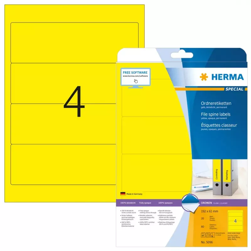 Etiquetas de arquivo HERMA A4 192x61 mm amarelo papel mate opaco 80 unid.