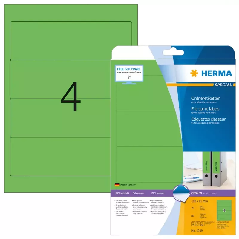 Etiquetas de arquivo HERMA A4 192x61 mm verde papel mate opaco 80 unid.
