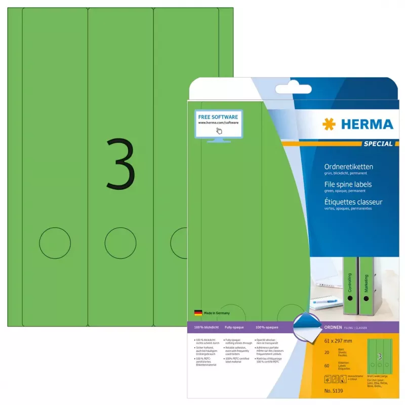 Etiquetas de arquivo HERMA A4 61x297 mm verde papel mate opaco 60 unid.