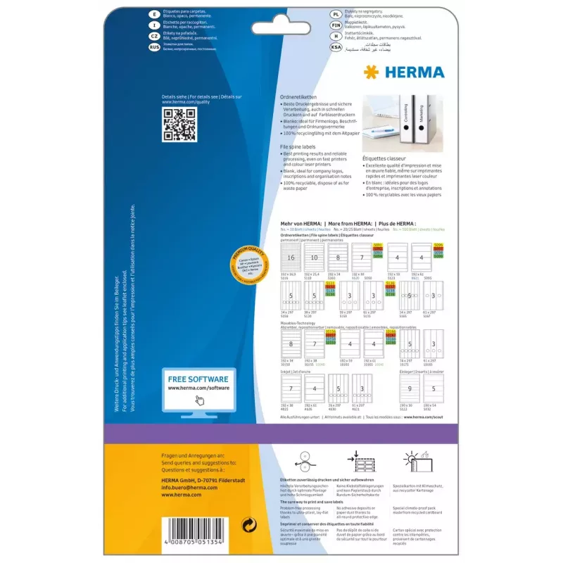Etiquetas de arquivo HERMA A4 61x297 mm branco papel mate opaco 75 unid.