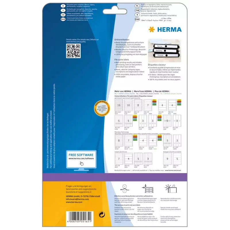 Etiquetas para dossiês suspensos HERMA 5165 A4 34x297 mm papel branco mate opaco 125 unid.
