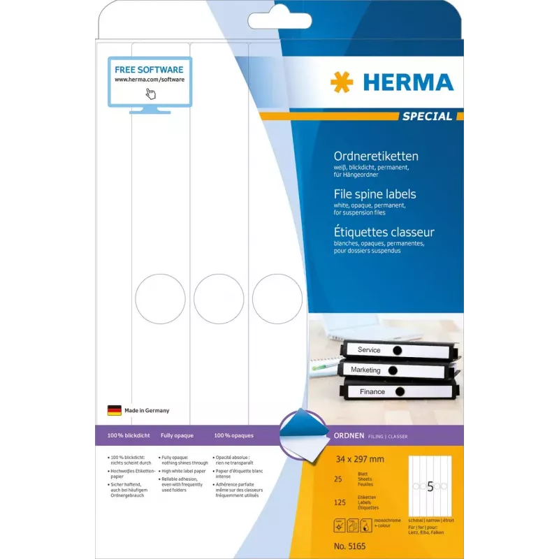 Etiquetas para dossiês suspensos HERMA 5165 A4 34x297 mm papel branco mate opaco 125 unid.