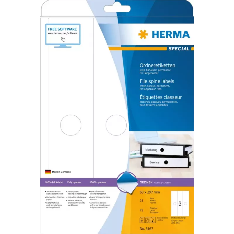 Etiquetas para dossiês suspensos HERMA 5167 A4 63x297 mm papel branco mate opaco 75 unid.