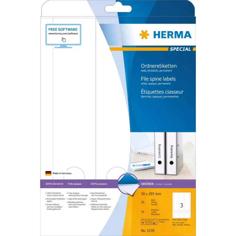 Etiquetas de arquivo HERMA 5159 A4 59x297 mm branco papel mate opaco