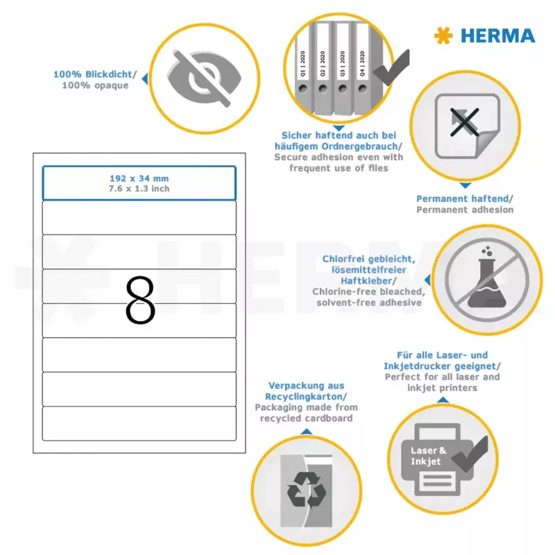 Etiquetas para lombada de dossiê HERMA A4 192x34 mm papel branco mate opaco 200 unid.