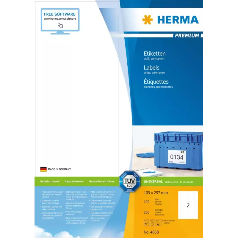 Etiquetas HERMA Premium A4 105x297 mm branco papel mate 200 unidades