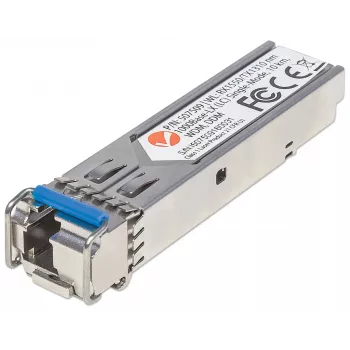 Módulo transceptor Intellinet ótico, fibra Gigabit WDM bidirecional SFP, porta monomodo 1000Base-Lx (LC), 10 km, comprimentos de onda: receção (RX) 1550 nm e transmissão (TX) 1310 nm, WDM (Rx1550/Tx1310), compatível com MSA, equivalente a Cisco GLC-BX-U, Ethernet, fibra ótica