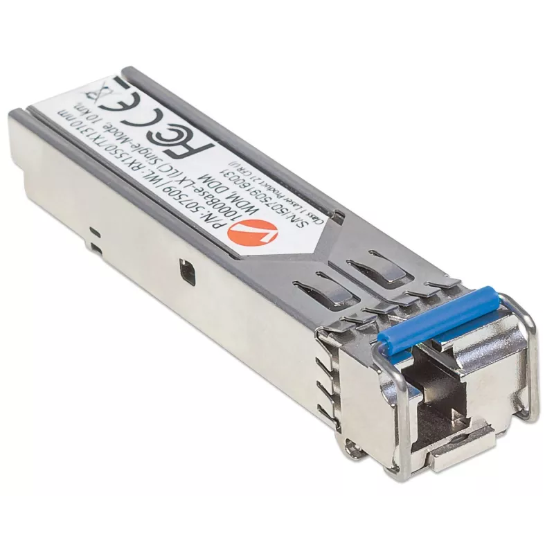 Módulo transceptor Intellinet ótico, fibra Gigabit WDM bidirecional SFP, porta monomodo 1000Base-Lx (LC), 10 km, comprimentos de onda: receção (RX) 1550 nm e transmissão (TX) 1310 nm, WDM (Rx1550/Tx1310), compatível com MSA, equivalente a Cisco GLC-BX-U, Ethernet, fibra ótica