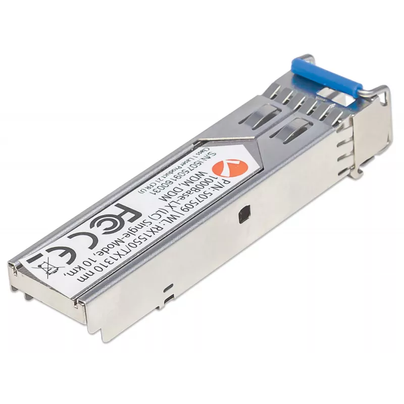 Módulo transceptor Intellinet ótico, fibra Gigabit WDM bidirecional SFP, porta monomodo 1000Base-Lx (LC), 10 km, comprimentos de onda: receção (RX) 1550 nm e transmissão (TX) 1310 nm, WDM (Rx1550/Tx1310), compatível com MSA, equivalente a Cisco GLC-BX-U, Ethernet, fibra ótica