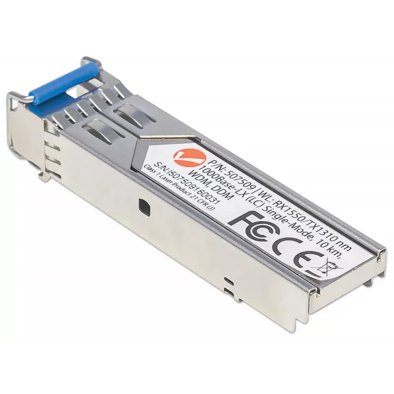 Módulo transceptor Intellinet ótico, fibra Gigabit WDM bidirecional SFP, porta monomodo 1000Base-Lx (LC), 10 km, comprimentos de onda: receção (RX) 1550 nm e transmissão (TX) 1310 nm, WDM (Rx1550/Tx1310), compatível com MSA, equivalente a Cisco GLC-BX-U, Ethernet, fibra ótica