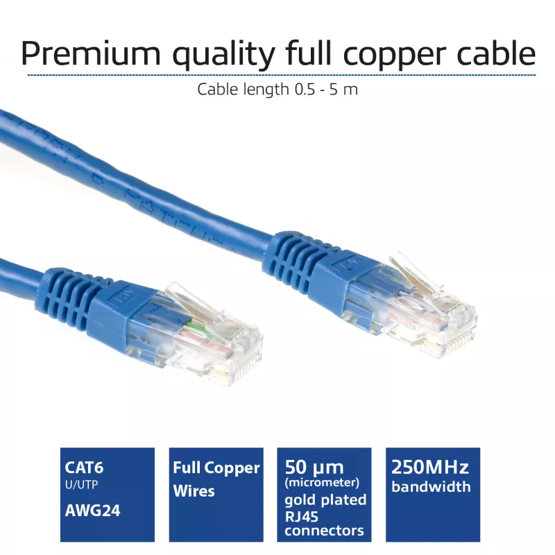 Cabo de patch ACT azul 10 metros U/UTP CAT6 com fichas RJ45