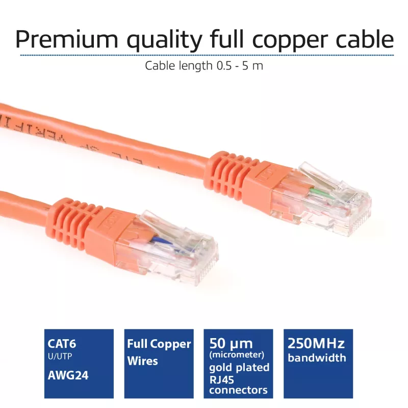 Cabo patch ACT laranja 20 metros U/UTP CAT6 com fichas RJ45