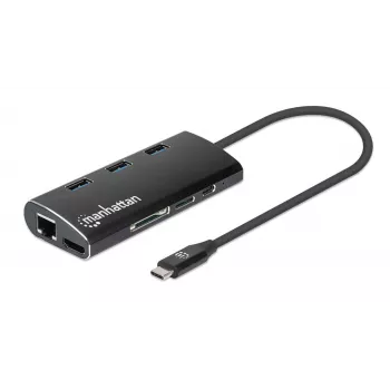 Manhattan Dock/Hub USB-C com leitor de cartões, ligações (x6): Ethernet, HDMI, USB-A (x3) e USB-C, com Power Delivery (100 W) para a ligação USB-C (nota: requer fonte de alimentação USB-C e cabo USB-C adicionais), universal para todos os dispositivos, alumínio, corresponde a DKT30CSDHPD3