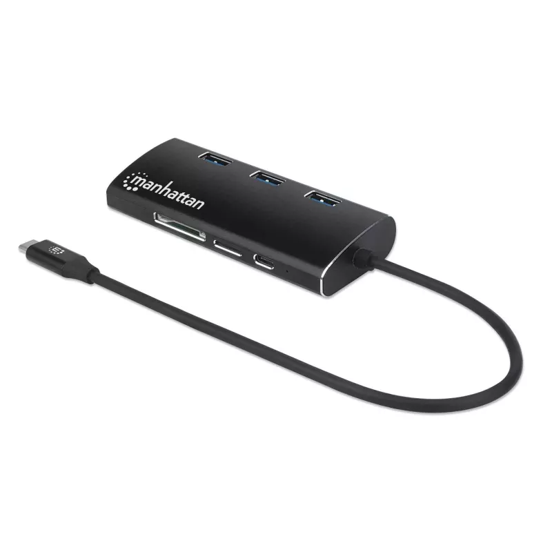 Manhattan Dock/Hub USB-C com leitor de cartões, ligações (x6): Ethernet, HDMI, USB-A (x3) e USB-C, com Power Delivery (100 W) para a ligação USB-C (nota: requer fonte de alimentação USB-C e cabo USB-C adicionais), universal para todos os dispositivos, alumínio, corresponde a DKT30CSDHPD3