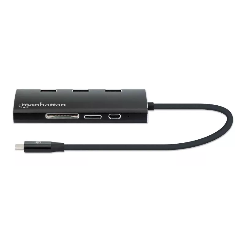 Manhattan Dock/Hub USB-C com leitor de cartões, ligações (x6): Ethernet, HDMI, USB-A (x3) e USB-C, com Power Delivery (100 W) para a ligação USB-C (nota: requer fonte de alimentação USB-C e cabo USB-C adicionais), universal para todos os dispositivos, alumínio, corresponde a DKT30CSDHPD3