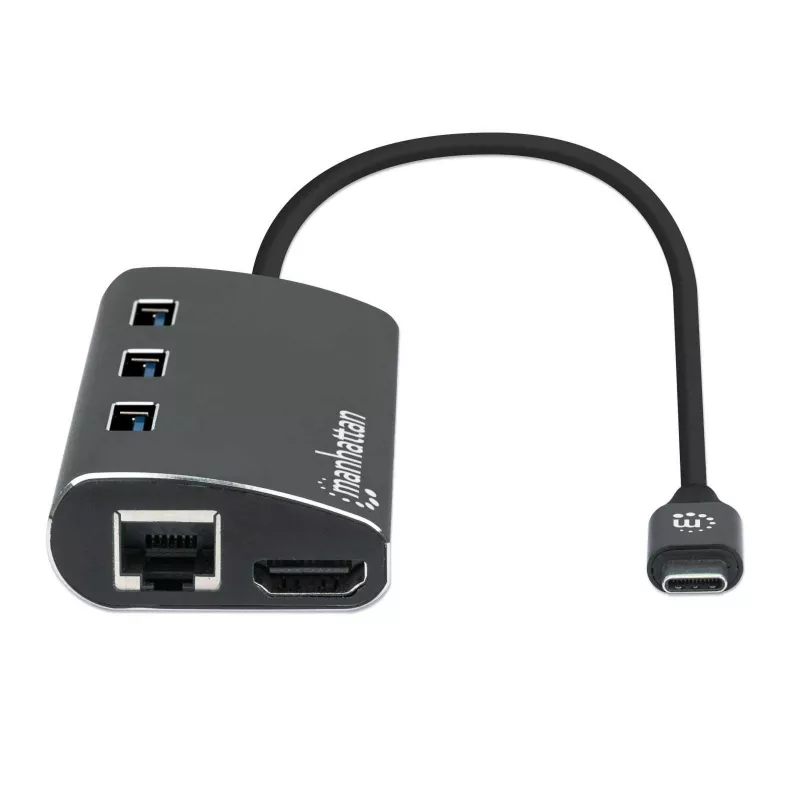 Manhattan Dock/Hub USB-C com leitor de cartões, ligações (x6): Ethernet, HDMI, USB-A (x3) e USB-C, com Power Delivery (100 W) para a ligação USB-C (nota: requer fonte de alimentação USB-C e cabo USB-C adicionais), universal para todos os dispositivos, alumínio, corresponde a DKT30CSDHPD3
