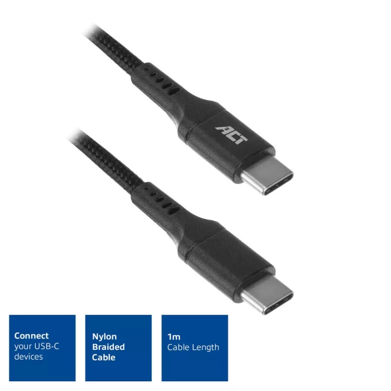 Cabo de carregamento/dados USB 2.0 ACT ficha C - ficha C 1 metro, nylon