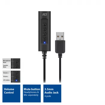 Placa de som ACT AC9360 USB 3,5 mm entrada para auscultadores 4 botões