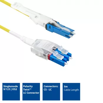 Cabo patch de fibra ótica ACT 5 metros monomodo 9/125 OS2 Polarity Twist uniboot duplex CS - LC