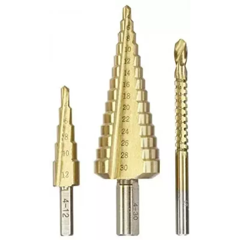 kwb 525890 Conjunto de brocas escalonadas com broca de fresagem, 3 unid., 4-12 mm / 4-30 mm / 6 mm, HSS TiN