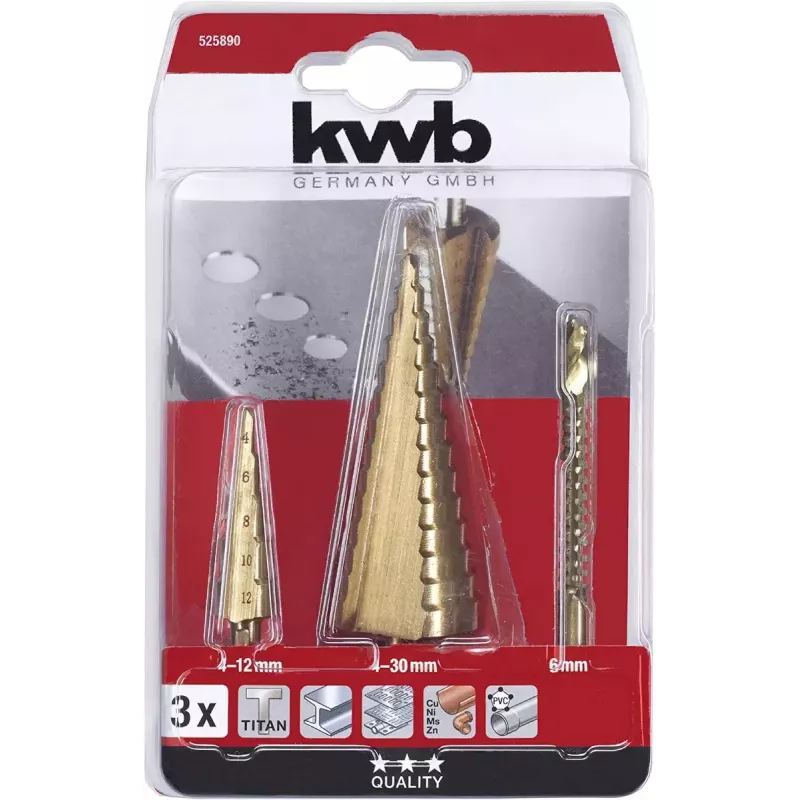 kwb 525890 Conjunto de brocas escalonadas com broca de fresagem, 3 unid., 4-12 mm / 4-30 mm / 6 mm, HSS TiN