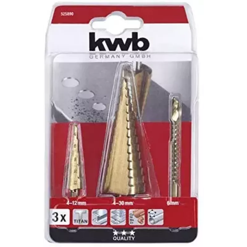 kwb 525890 Conjunto de brocas escalonadas com broca de fresagem, 3 unid., 4-12 mm / 4-30 mm / 6 mm, HSS TiN