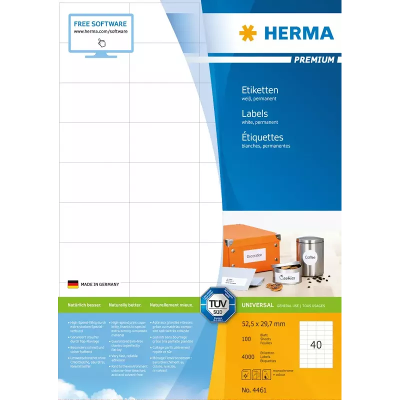 Etiquetas de impressora autoadesivas HERMA Labels Premium A4 52,5x29,7 mm