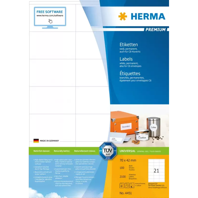 Etiquetas HERMA Premium A4 70x42 mm branco papel mate 2100 unid.