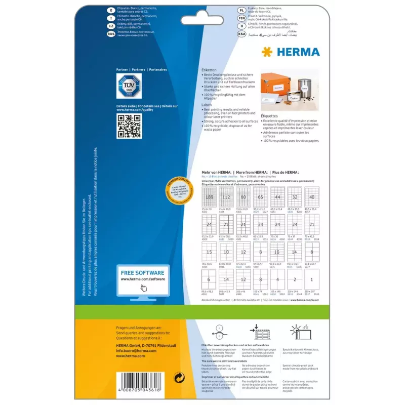 Etiqueta de impressora autoadesiva HERMA Labels Premium A4 70x42 mm