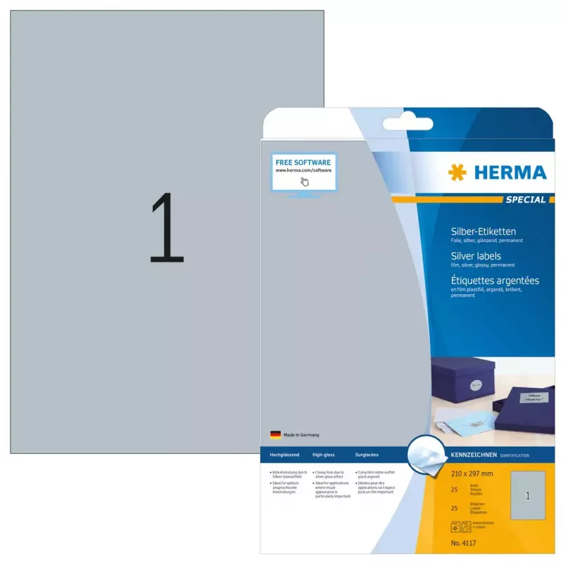 Etiquetas de impressora autoadesivas HERMA Labels A4 210x297 mm prateado película brilhante 25 unid.