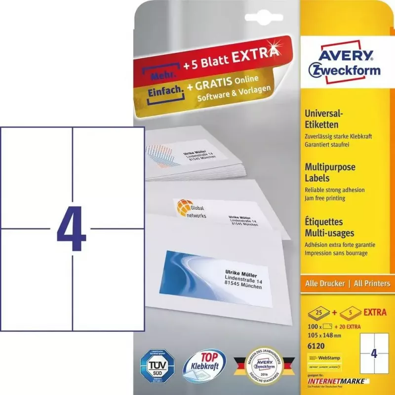Etiquetas retangulares autocolantes Avery Zweckform 6120 — branco, cola permanente, 120 unidades