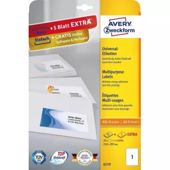 Etiquetas retangulares autocolantes Avery Zweckform 6119, cola permanente, branco, 30 unidades