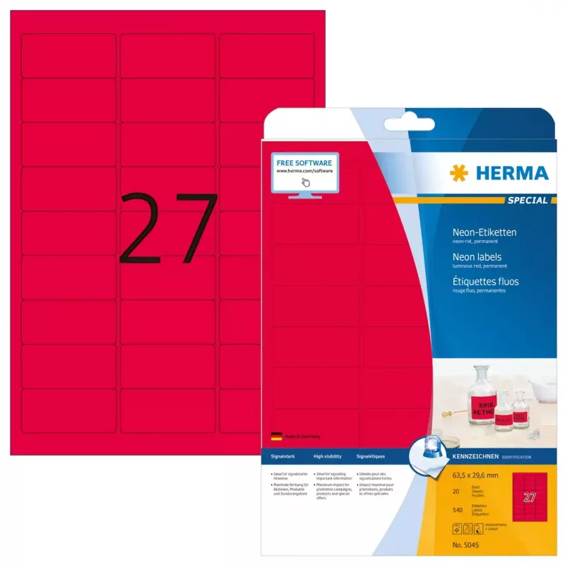 Etiquetas autocolantes para impressora HERMA etiquetas néon A4 63,5x29,6 mm vermelho vivo 540 unidades