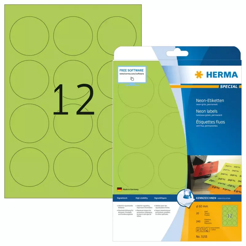 Etiquetas autocolantes para impressora HERMA etiquetas néon A4 Ø 60 mm