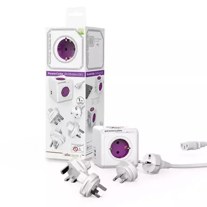 Extensão de energia Allocacoc PowerCube ReWirable USB 1 m 4 tomadas AC roxo branco