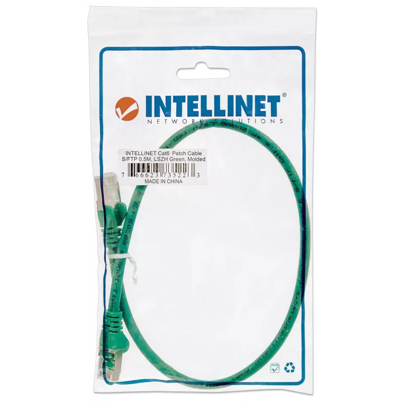Intellinet cabo de rede patch, Cat6, 0,5 m, verde, cobre, S/FTP, LSOH/LSZH, PVC, RJ45, contactos banhados a ouro, snagless, com botas, garantia vitalícia