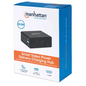 Dock multifunções de vídeo inteligente Manhattan, ligações (x5): HDMI, USB-A (x2), USB-C (x2), com Power Delivery na ligação USB-C, alimentação interna, ultrakompakt, cabo de alimentação removível, preto, três anos de garantia, caixa de retalho