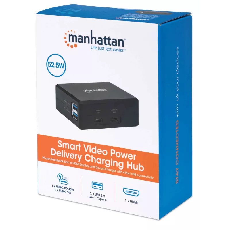 Dock multifunções de vídeo inteligente Manhattan, ligações (x5): HDMI, USB-A (x2), USB-C (x2), com Power Delivery na ligação USB-C, alimentação interna, ultrakompakt, cabo de alimentação removível, preto, três anos de garantia, caixa de retalho