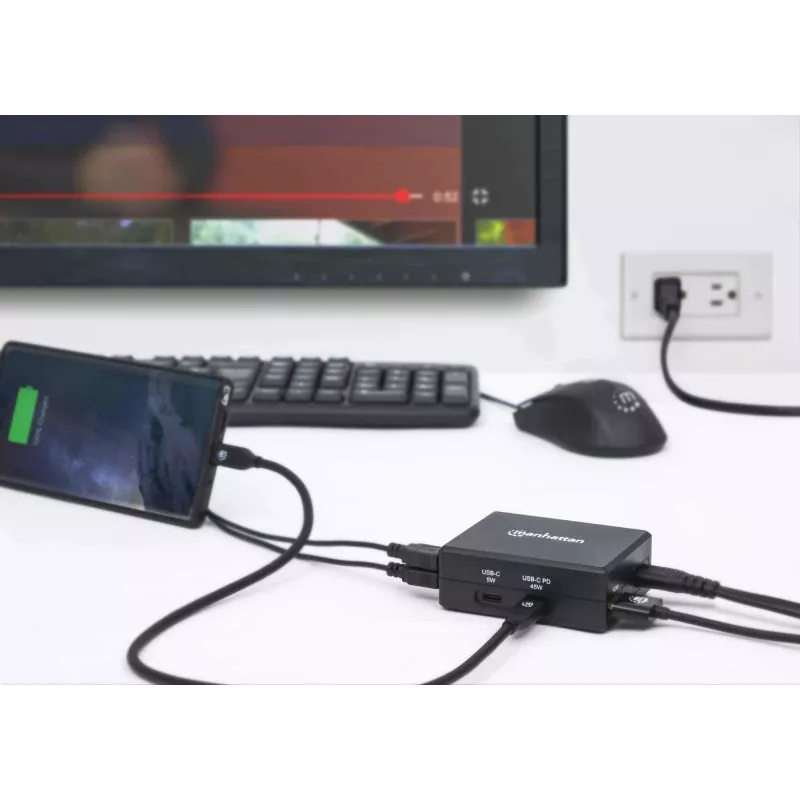 Dock multifunções de vídeo inteligente Manhattan, ligações (x5): HDMI, USB-A (x2), USB-C (x2), com Power Delivery na ligação USB-C, alimentação interna, ultrakompakt, cabo de alimentação removível, preto, três anos de garantia, caixa de retalho