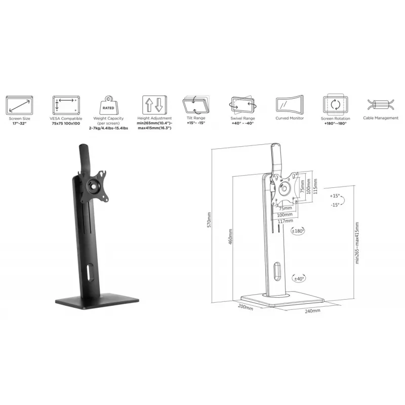 eSTUFF GLB226004 suporte/mesa para monitor 81,3 cm (32