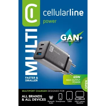 Cellularline Multipower Micro Carregador rápido ultracompacto de 65W com 3 ligações
