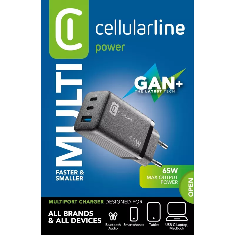Cellularline Multipower Micro Carregador rápido ultracompacto de 65W com 3 ligações