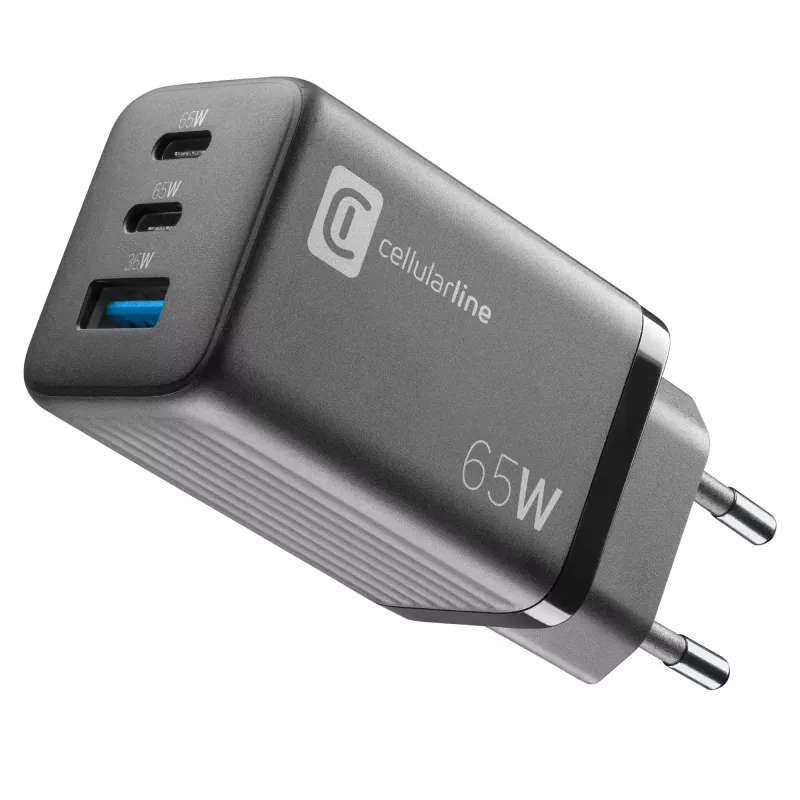 Cellularline Multipower Micro Carregador rápido ultracompacto de 65W com 3 ligações