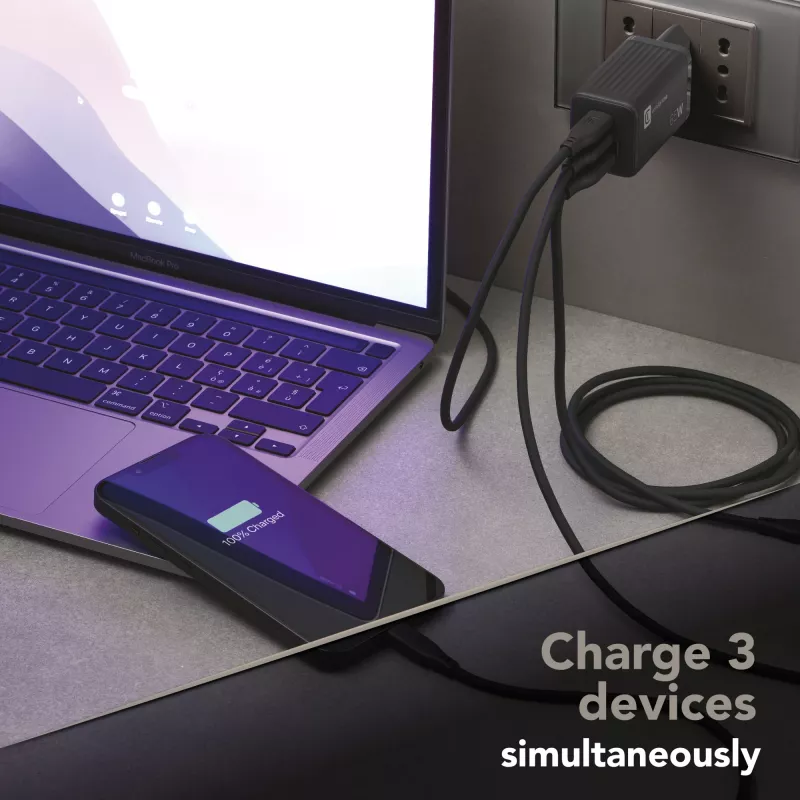 Cellularline Multipower Micro Carregador rápido ultracompacto de 65W com 3 ligações