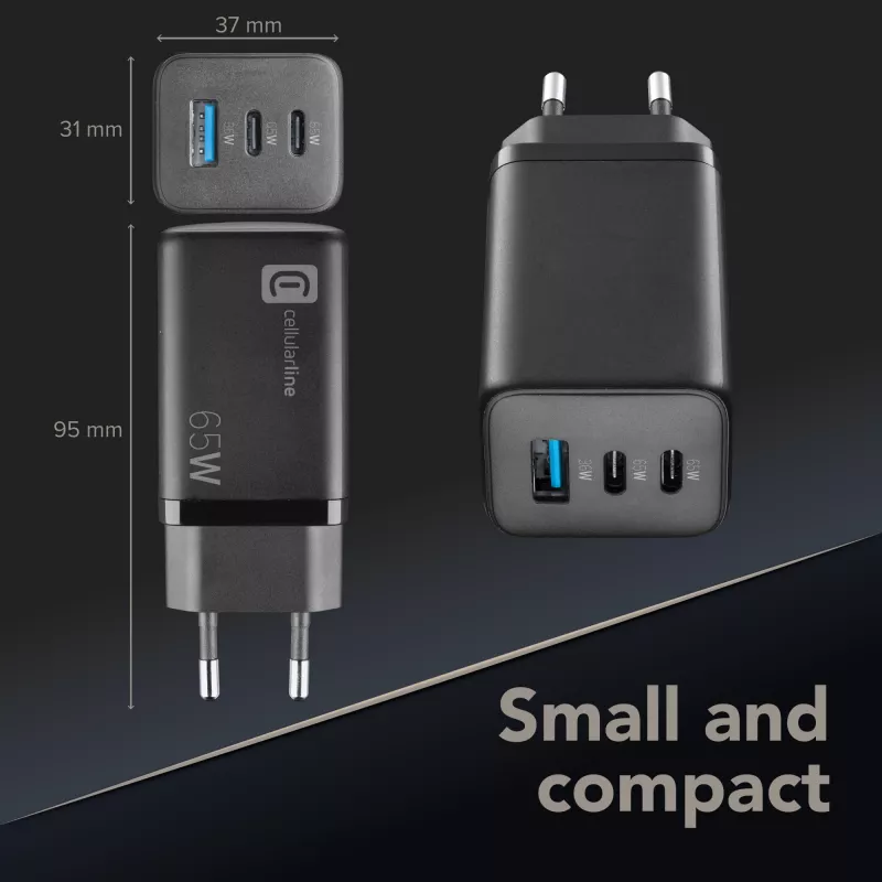 Cellularline Multipower Micro Carregador rápido ultracompacto de 65W com 3 ligações